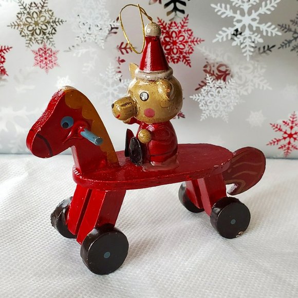 Vintage Wooden Bear Riding a Red Wooden Rolling Horse Toy Christmas Ornament - Picture 2 of 12